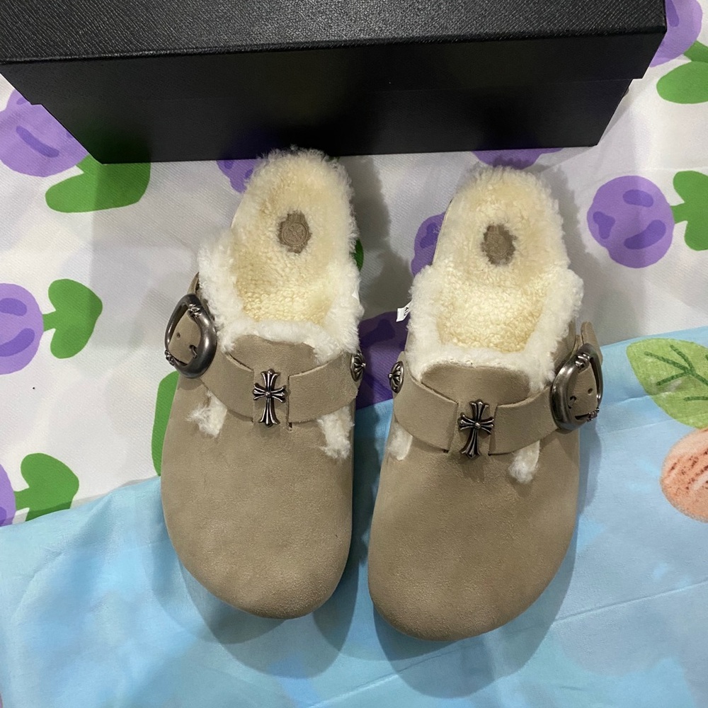 Chrome Hearts Beige Shearling-Lined Suede Clogs